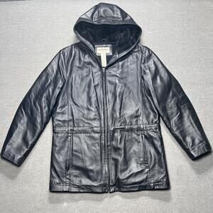 Sonoma Jean Company Jacket Mens Medium Black Leather Hooded Fleece Lined Coat